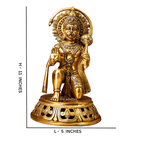 Large brass Hanuman idol in sitting posture showing 11 inch height.