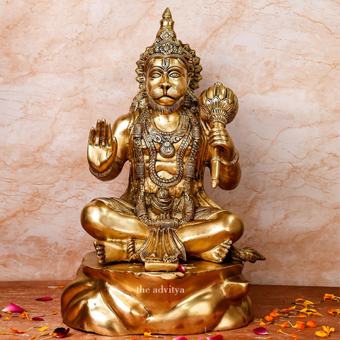 Large brass Hanuman statue 19 inch sitting with blessing hand and gada front view