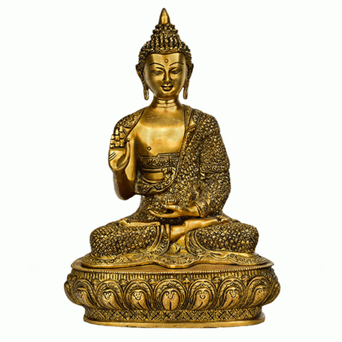 Meditation pose view of large brass sitting Buddha statue on decorative base.