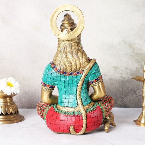 Lord Hanuman ji in dhyan mudra with colorful mosaic work, seated brass Hanuman statue back view