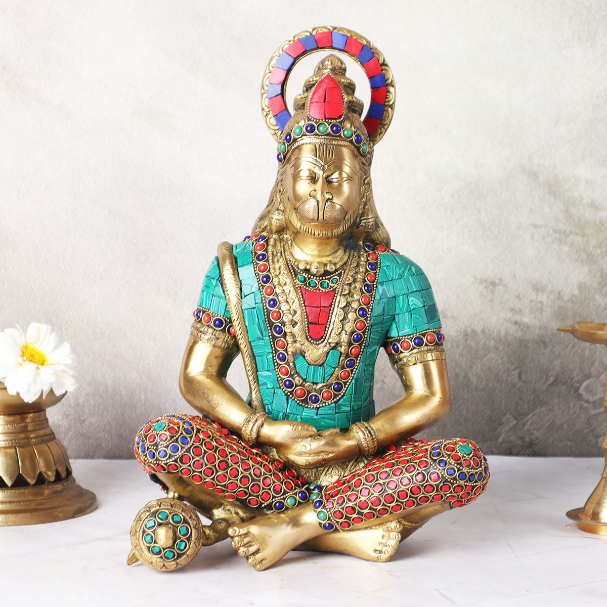Lord Hanuman ji in dhyan mudra with colorful mosaic work, seated brass Hanuman statue front view