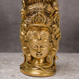 Antique brass Lord Shiva statue with 3 faces behind Parvati for home temple.