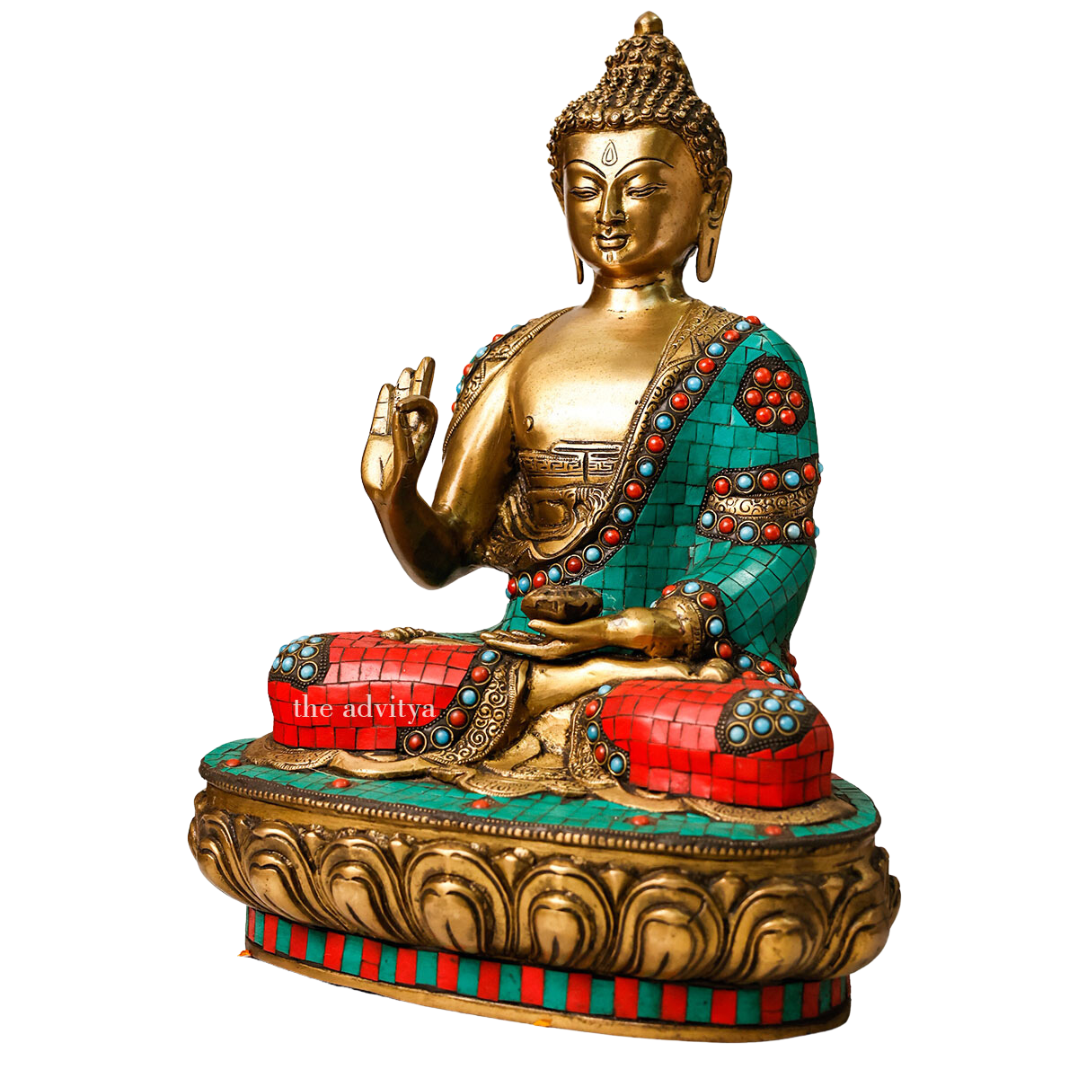 Close-up of a blessing hand on a brass Buddha Murti with mosaic.