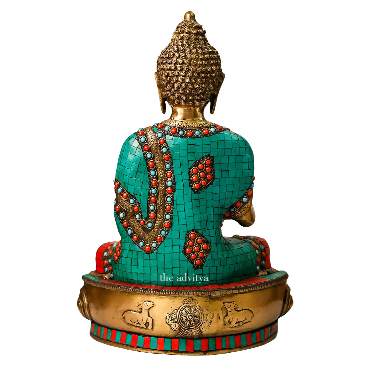 Back view of a traditional brass Buddha Murti showing mosaic craftsmanship.