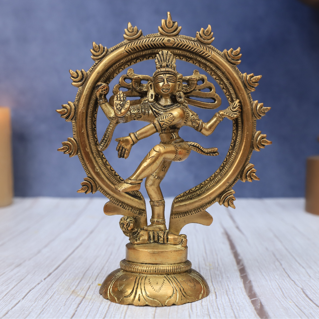 Front view of Nataraja dancing Lord Shiva statue showing cosmic dance posture.