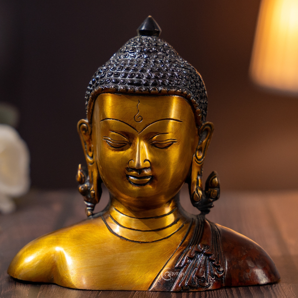 Frontal view of a 6.5-inch Nepali Brass Buddha Murti Bust with elegant shawl.