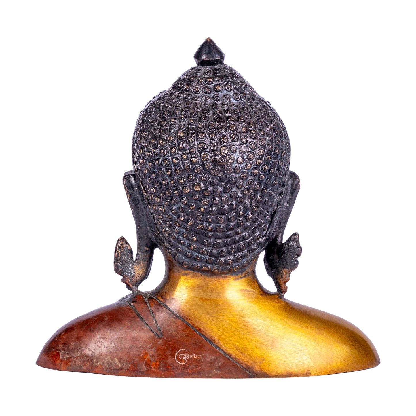 Back view of the face of 6.5-inch Nepali Brass Buddha Murti Bust with serene expression.