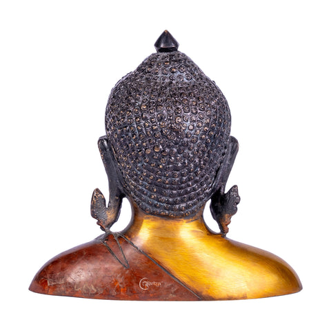 Back view of the face of 6.5-inch Nepali Brass Buddha Murti Bust with serene expression.