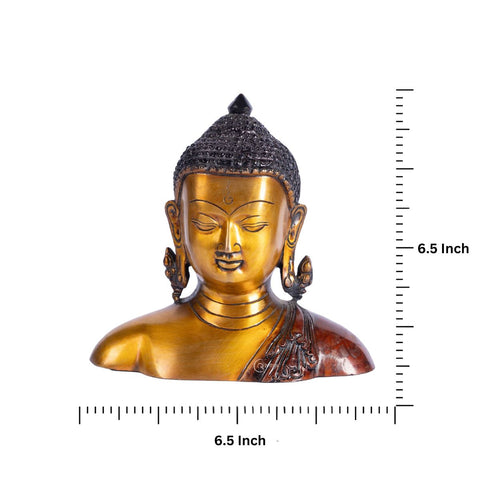 Detailed craftsmanship of 6.5-inch Nepali Brass Buddha Murti Bust highlighting facial features and shawl.