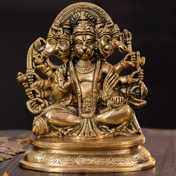Panchamukhi Hanuman brass idol front view showing five faces and detailed handcrafted design.
