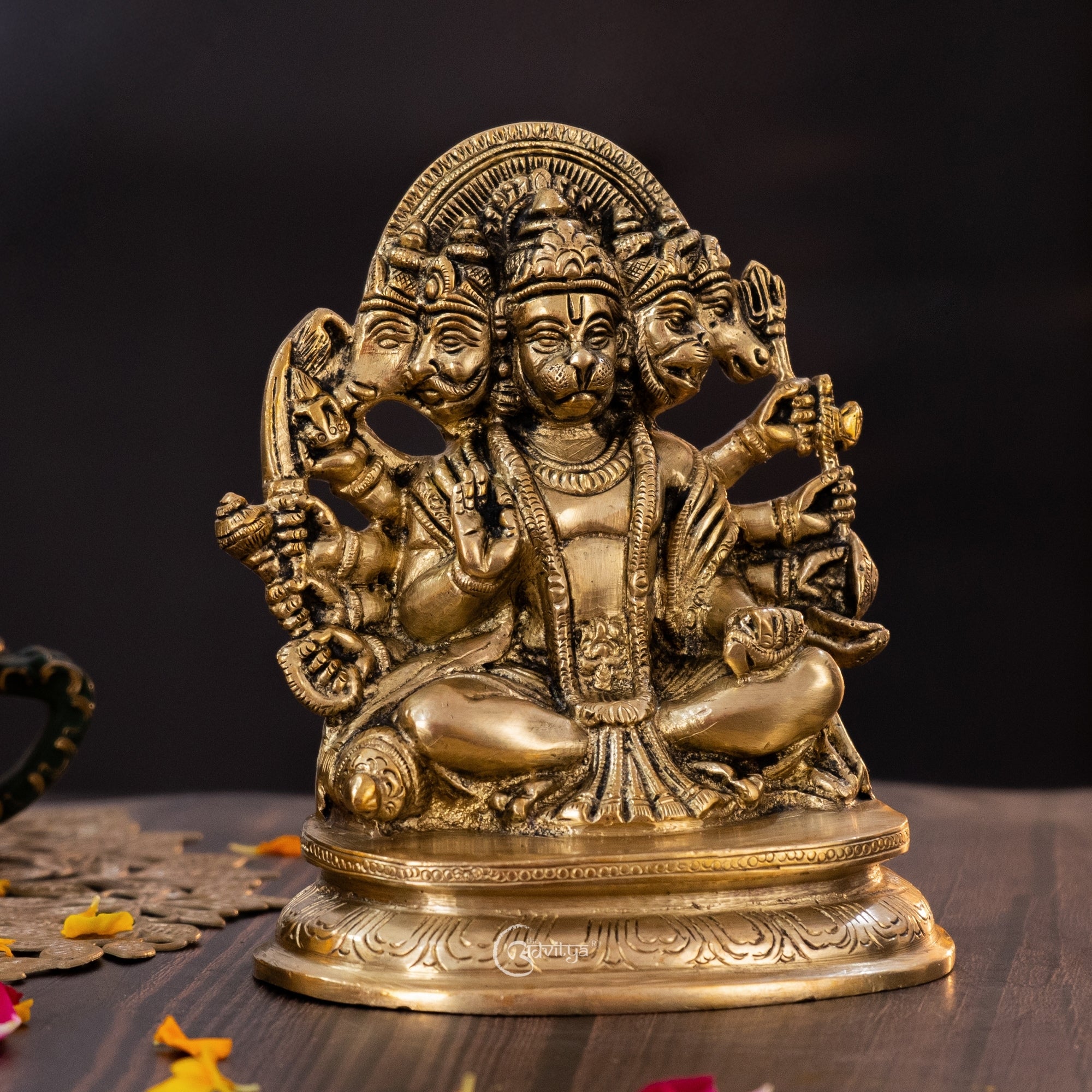 Panchamukhi Hanuman brass idol ideal for home temple, pooja room, and spiritual décor.
