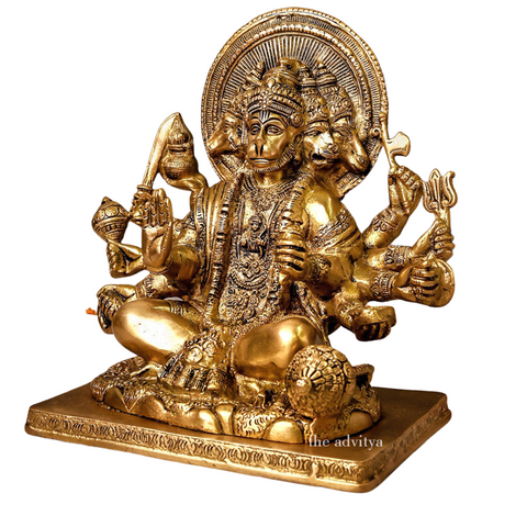 Left angle view of brass Panchmukhi Hanuman idol in sitting posture with white background.