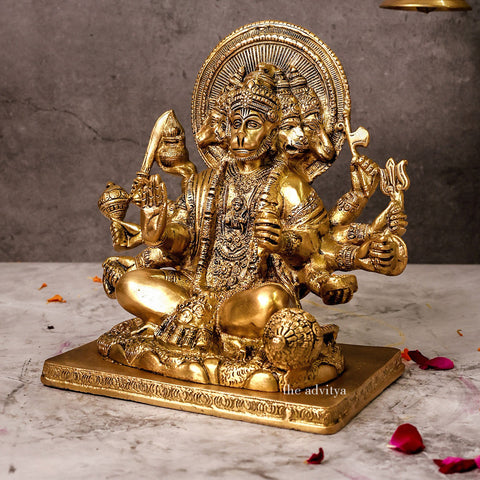 Left angle view of brass Panchmukhi Hanuman idol in sitting posture
