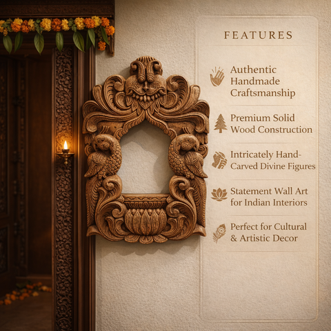 Parrot lotus torana wooden wall hanging frame for home decoration
