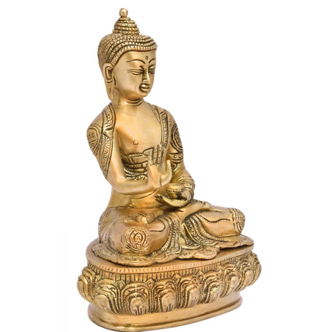 Right side view of a sitting Buddha brass idol showcasing smooth contours and traditional craftsmanship