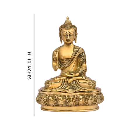 Peaceful sitting Buddha brass statue shown from the front, featuring calm facial expression