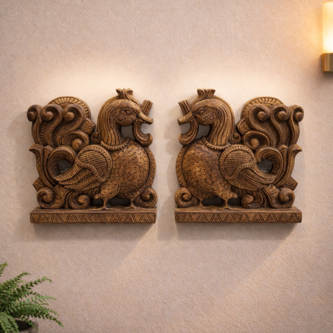 Peacock Annapakshi wood wall panel pair 12 inch decorative item