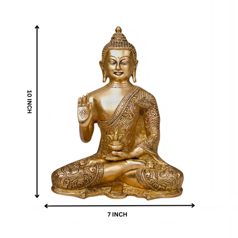 Dimension view of brass Buddha statue for home decor.