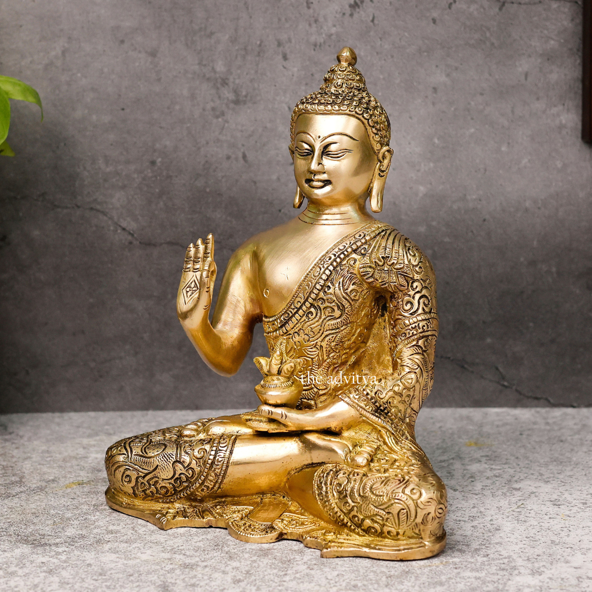 Left side angle of authentic brass protection Buddha statue