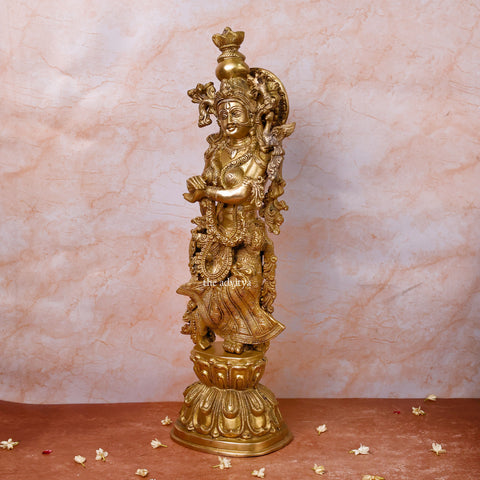 Side angle of Brass Radha Idol showing fine detailing and graceful posture