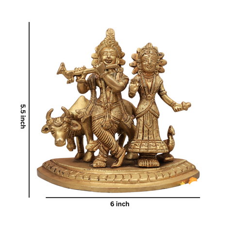 Close-up detailing dimension of Radha Krishna statue with cow highlighting devotional artistry