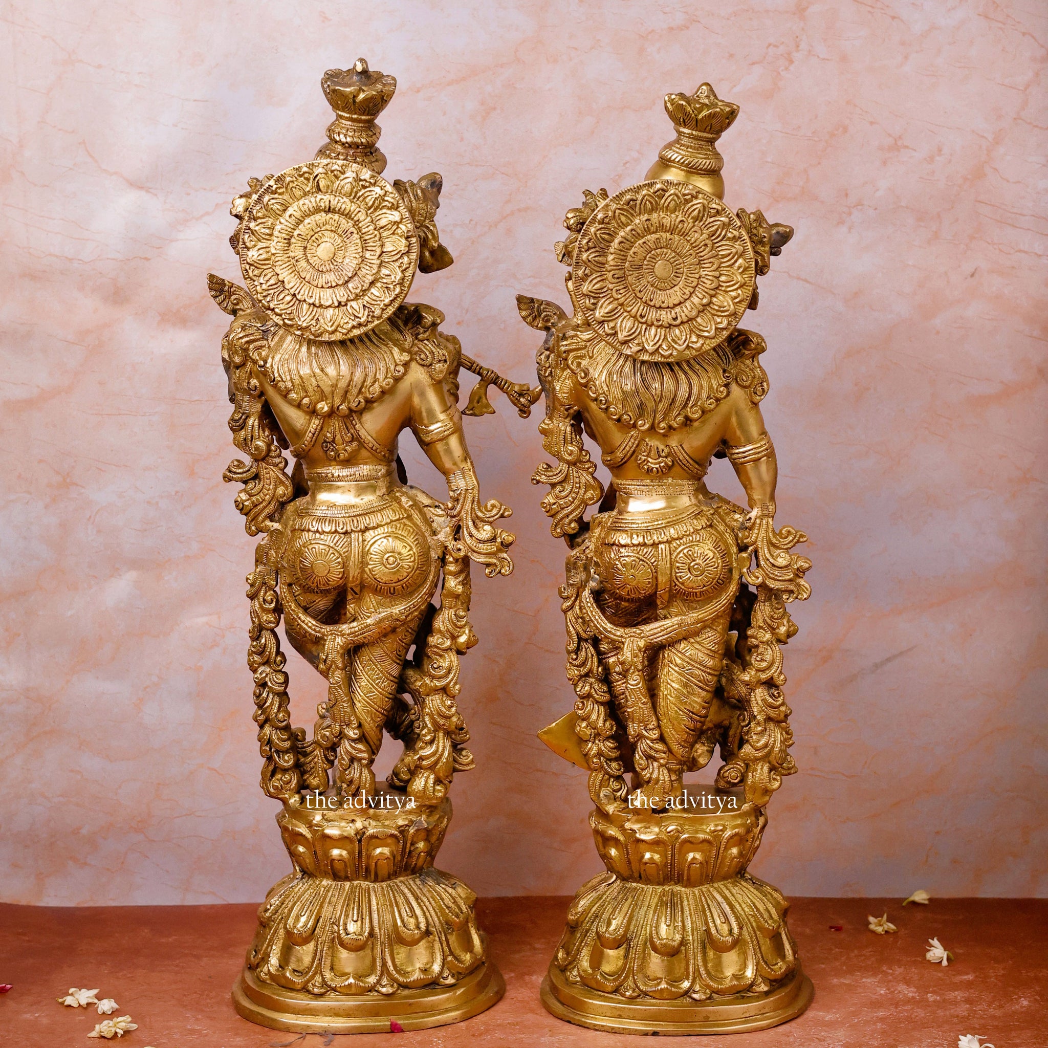 Back view of Brass Radha Krishna Idol showcasing complete sculptural detailing