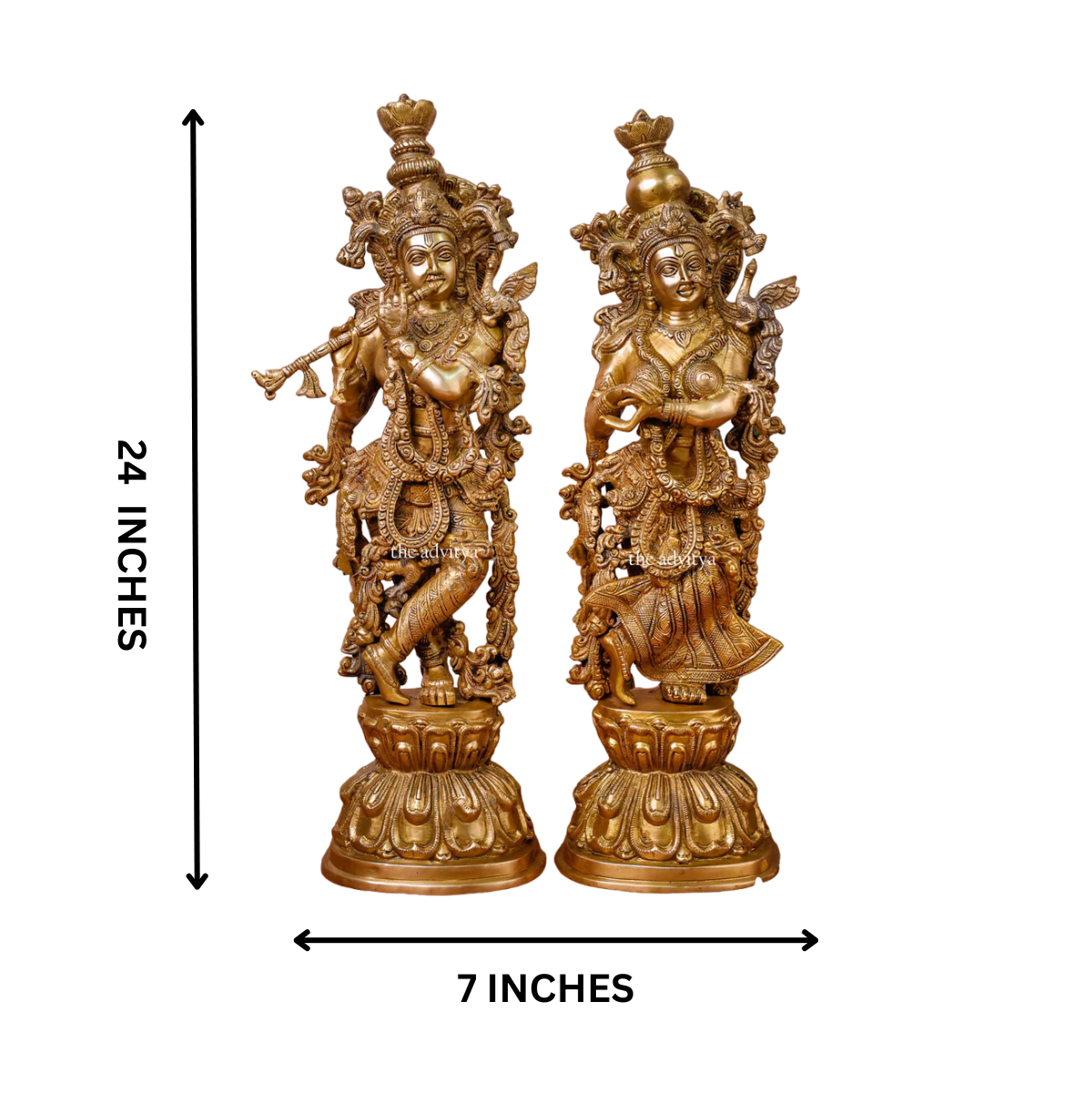 Decorative Brass Radha Krishna Idol suitable for the living room and sacred spaces, with dimensions.
