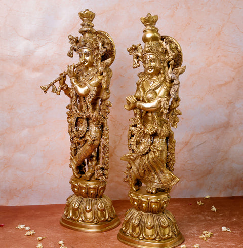 Side angle of Brass Radha Krishna Idol showing fine detailing and graceful posture.
