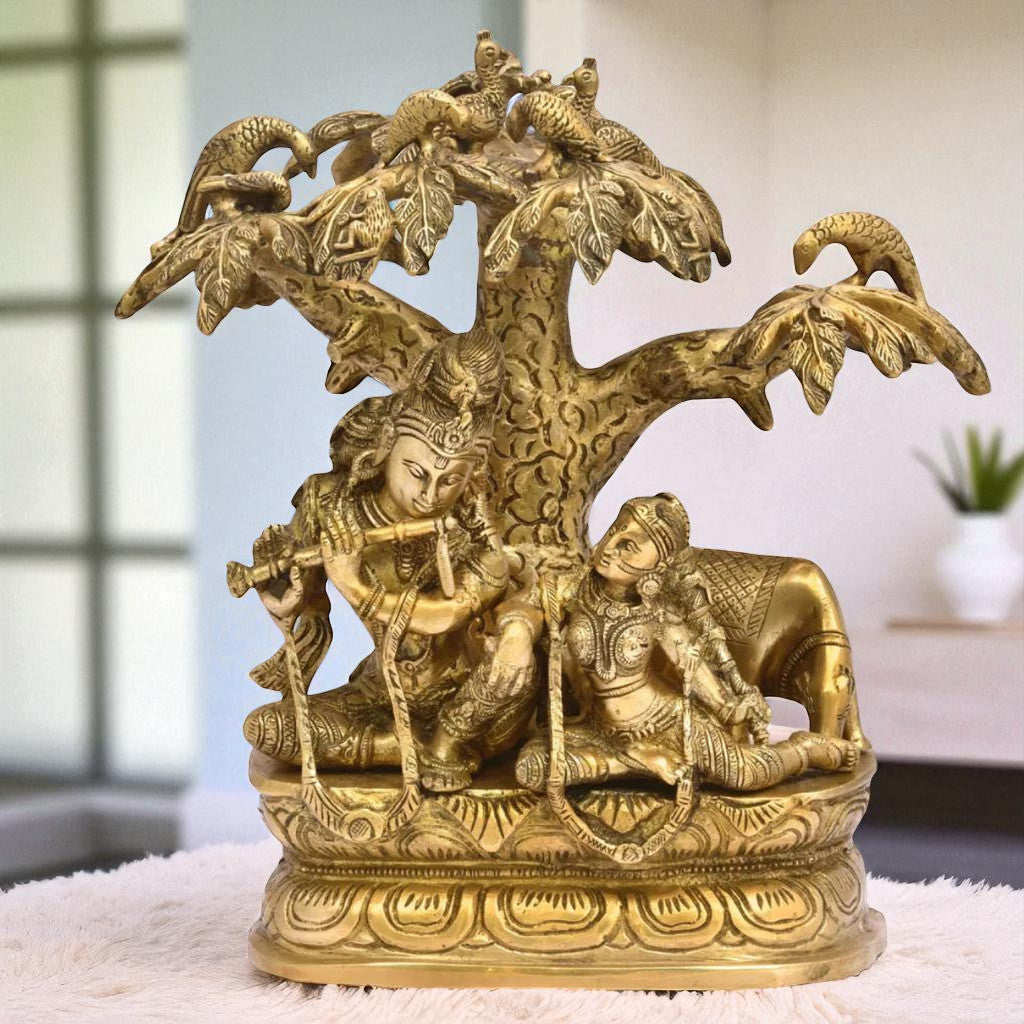 Radha Krishna statue under tree front view for home temple decor.