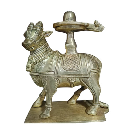 Brass Nandi with Shiva Lingam for Abhisheka front view for home mandir white background.