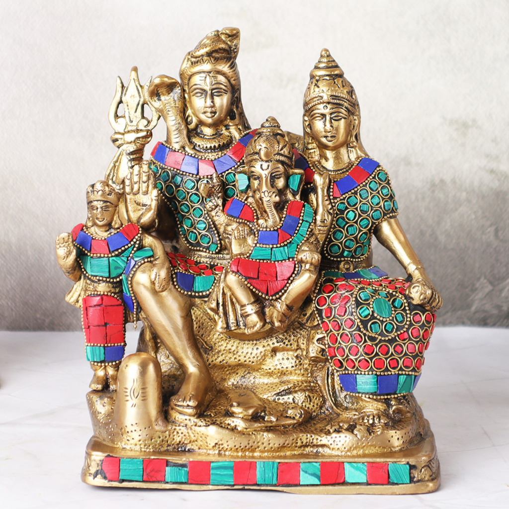 Shiv Parivar Statue in brass with stone work front view showing Lord Shiva family.