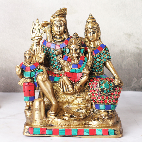 Shiv Parivar Statue in brass with stone work front view showing Lord Shiva family.