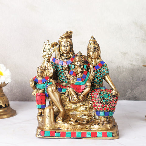 Shiv Parivar Statue in brass with stone work front view.