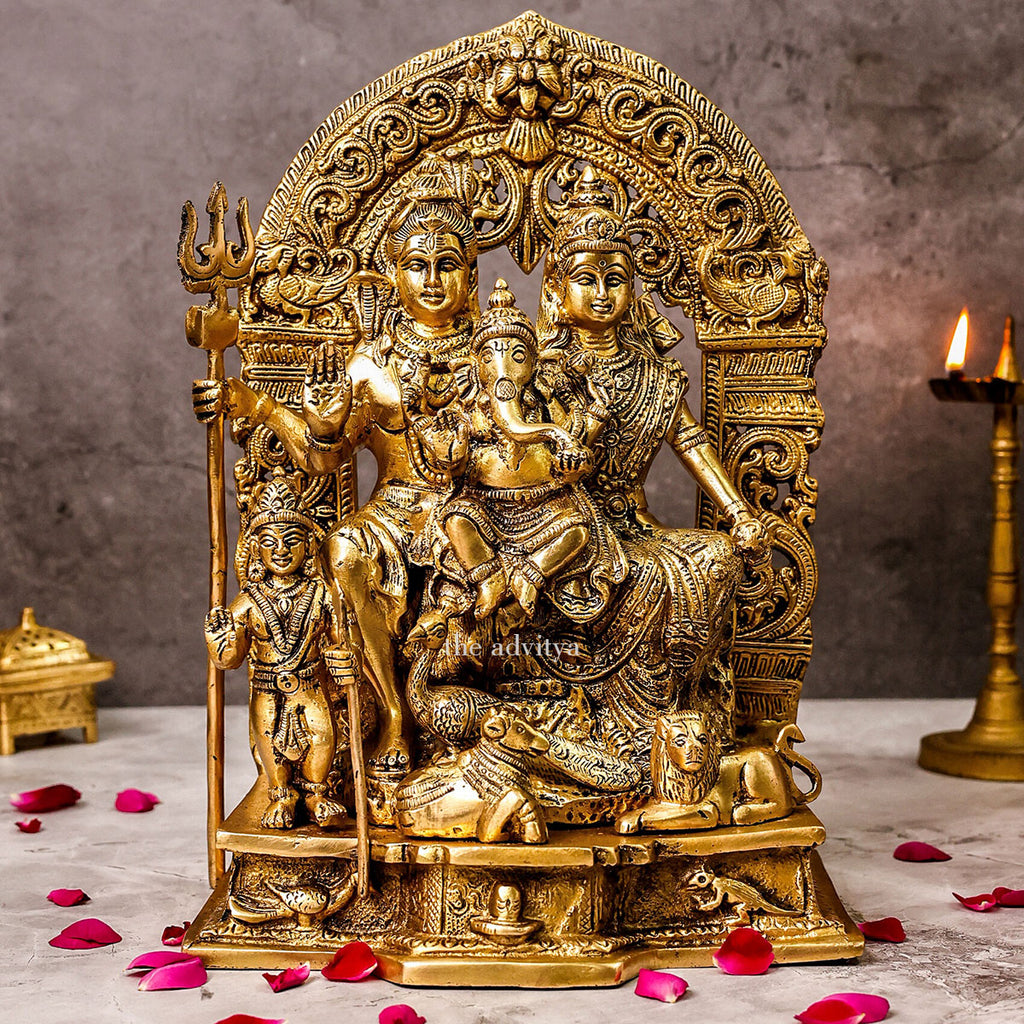 Shiv Parivar Statue, brass superfine, large front view showing the complete divine family.