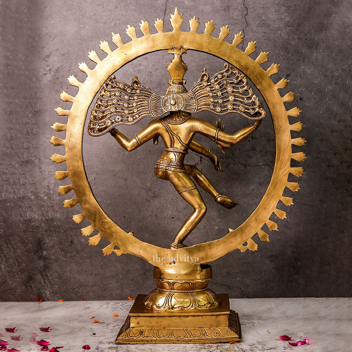 Back view of a brass Nataraja Shiva statue showing detailed wings and body posture.