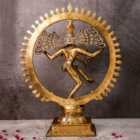 Back view of a brass Nataraja Shiva statue showing detailed wings and body posture.