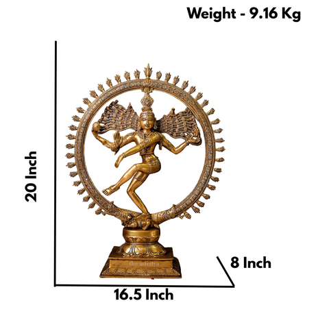 Close-up of the face of a brass Nataraja Shiva statue highlighting facial expressions with dimension.