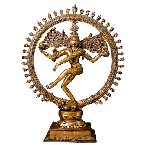 Brass Nataraja Shiva statue highlighting the decorative base and intricate design elements.
