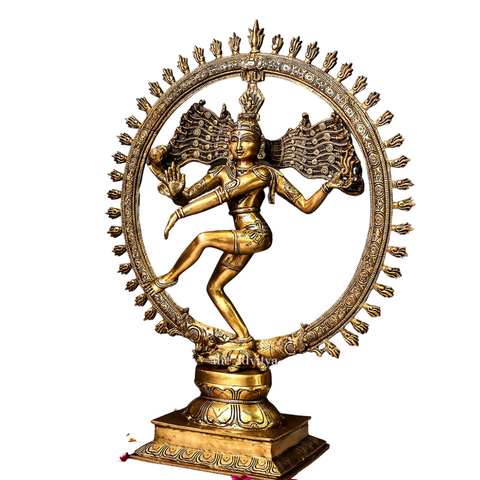 Detailed view of the hand gestures (mudras) on a brass Shiva statue in Nataraja form.