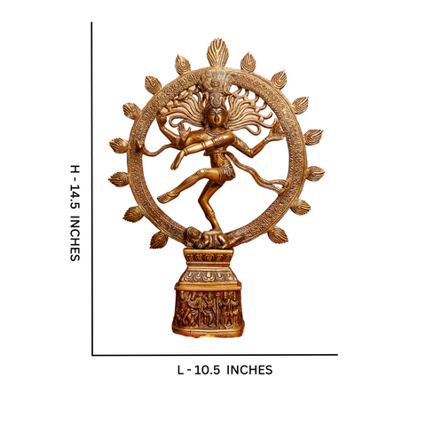 Full dimension view of the Dancing Lord Shiva statue, Nataraja, in brass.