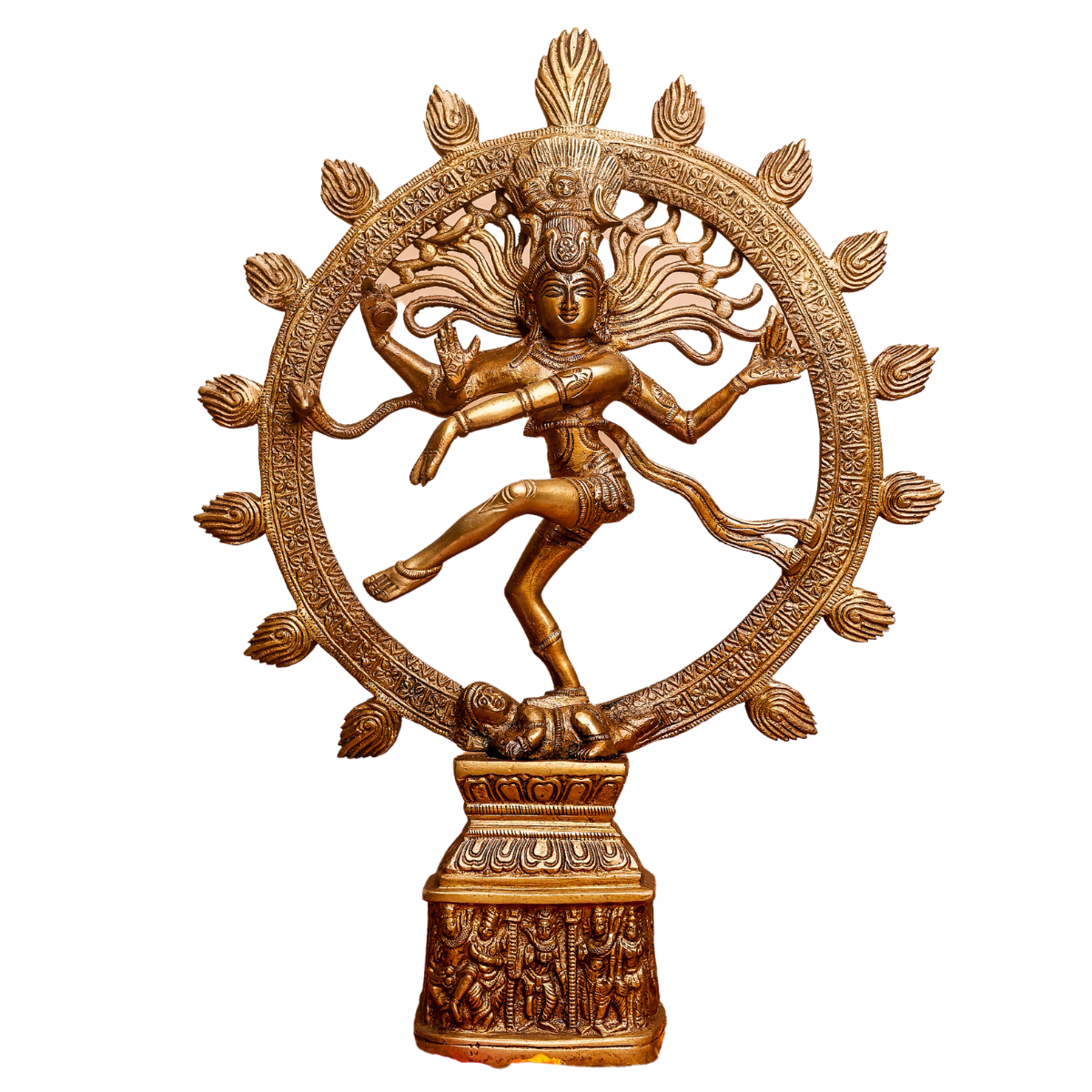 Shiva statue Nataraja shown from the left angle in brass finish with a white background.