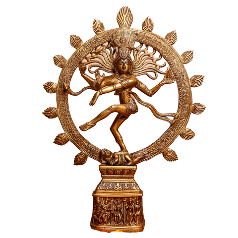 Shiva statue Nataraja shown from the left angle in brass finish with a white background.