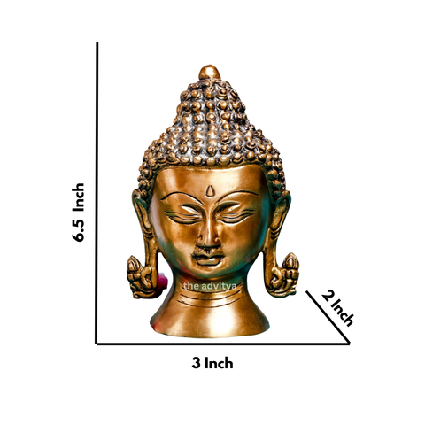 Dimension view of a small Buddha head statue with a calm and peaceful expression.