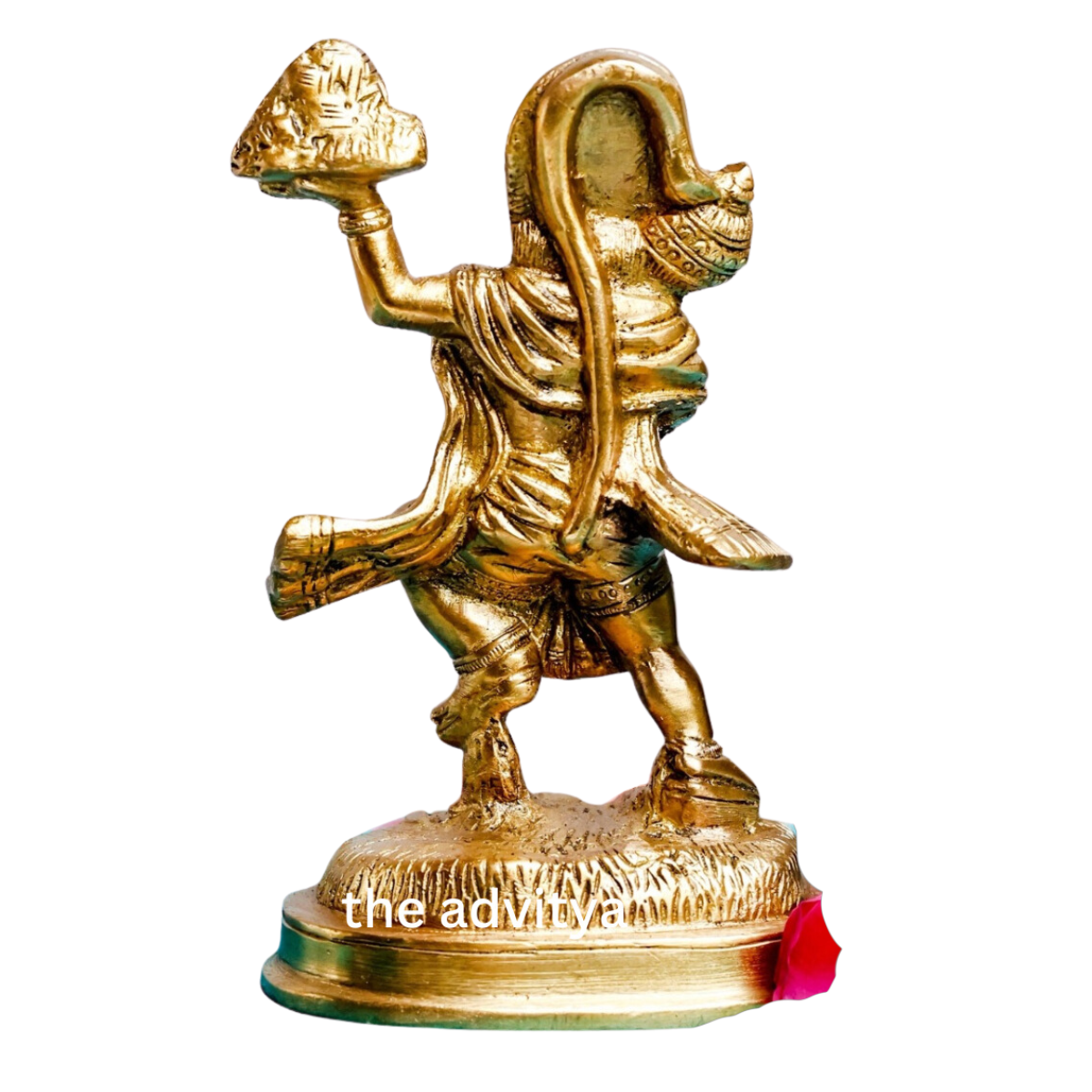 Back view of brass standing Hanuman idol with detailed with white background.craftsmanship