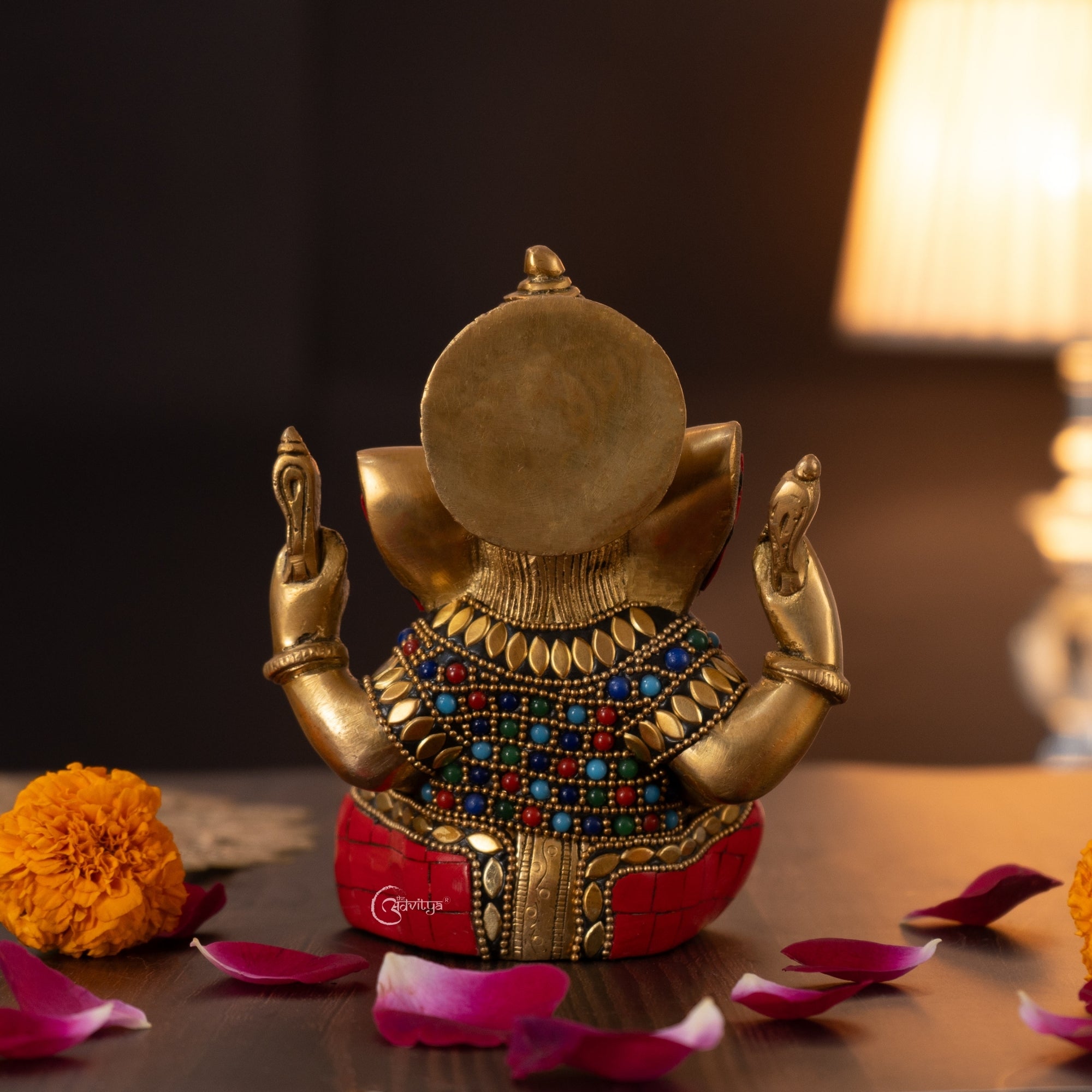 "Back view detail of the Stonework Brass Ganesha Idol showing fine craftsmanship"