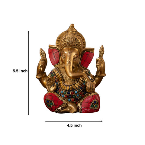 Stonework Brass Ganesha Idol for Mandir and home décor with dimension indication.