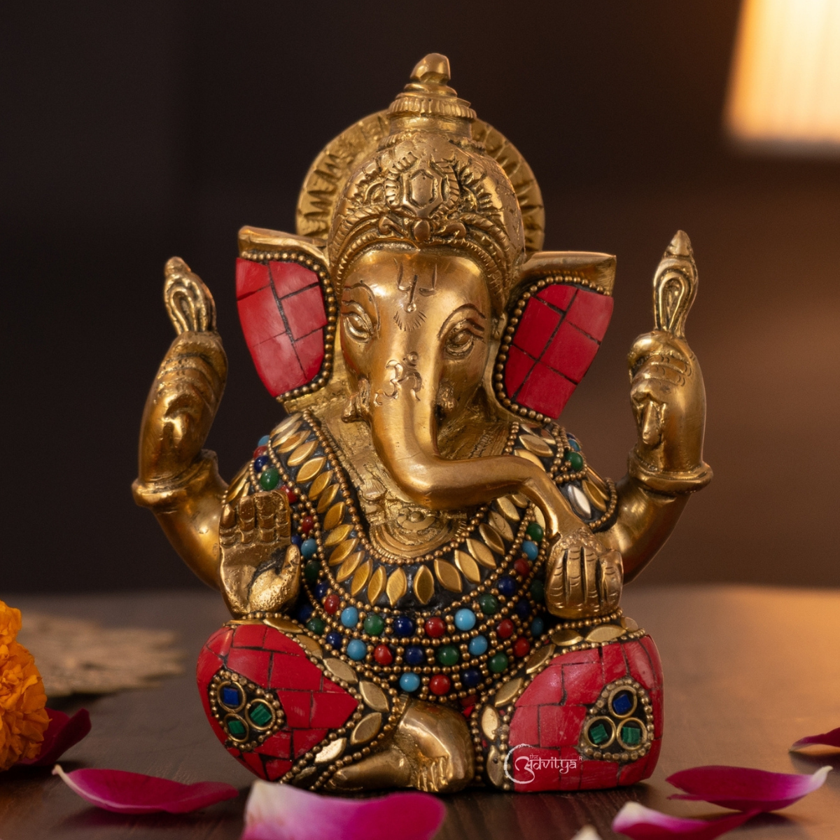 "Front view of Stonework Brass Ganesha Idol for Mandir and home décor"