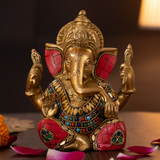 "Front view of Stonework Brass Ganesha Idol for Mandir and home décor"