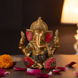 "Front view of Stonework Brass Ganesha Idol for Mandir"