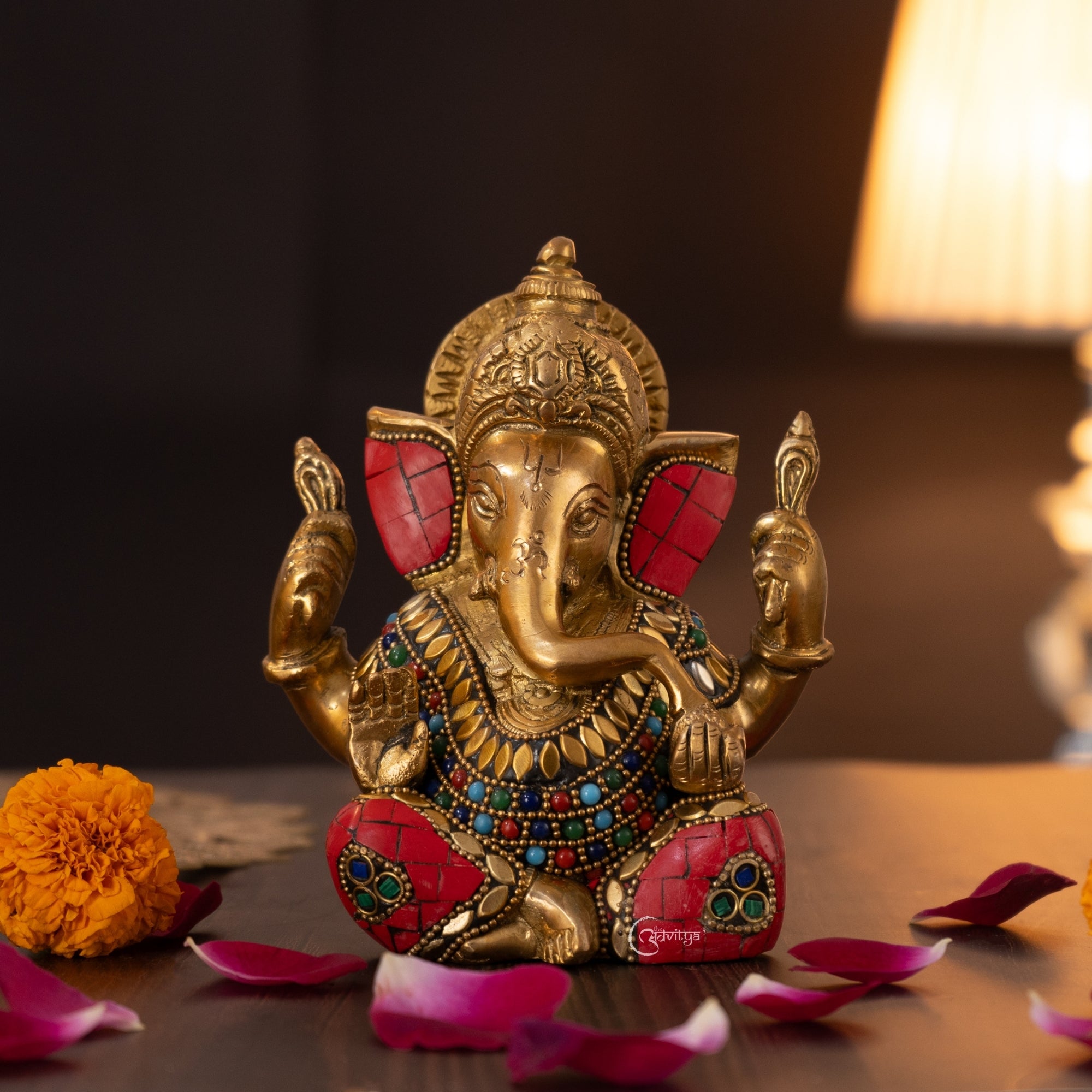 "Front view of Stonework Brass Ganesha Idol for Mandir"